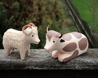 Deux animaux de ferme sculptés, jouets en bois sculptés à la main, jouets faits à la main, cadeaux pour enfants, jouets écologiques, jouets Waldorf, Montessori