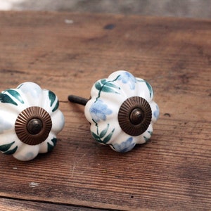 May include: Two white ceramic cabinet knobs with a floral design. One knob has blue flowers and the other has green leaves. Both knobs have a brass center.