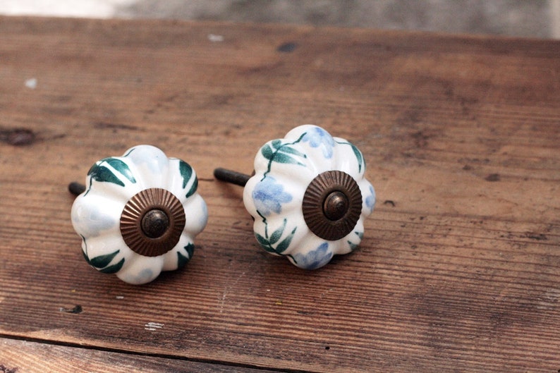 May include: Two white ceramic cabinet knobs with a floral design. One knob has blue flowers and the other has green leaves. Both knobs have a brass center.