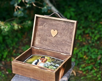 Holz Foto Box mit einem Ledergriff, Holzkiste für Fotos 15x21 cm (6x8 "), Memory Box, Wedding Box