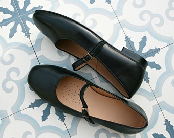 Mary Jane Leather Ballerinas Black, Ballerinas with a belt, Leather Mary Jane