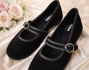 Schwarze Mary-Jane-Ballerinas aus Samt mit weicher Innensohle