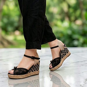 Black Wedge Shoes with Pearl - Height 10 cm, Boho Espadrilles