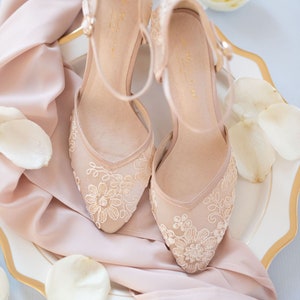 Lace shoes, Wedding shoes for bride, Bridesmaids shoes, Nude Floral Lace Shoes, Handmade Bridal Shoes, image 1