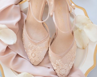 Lace shoes, Wedding shoes for bride, Bridesmaids shoes, Nude Floral Lace Shoes, Handmade Bridal Shoes,