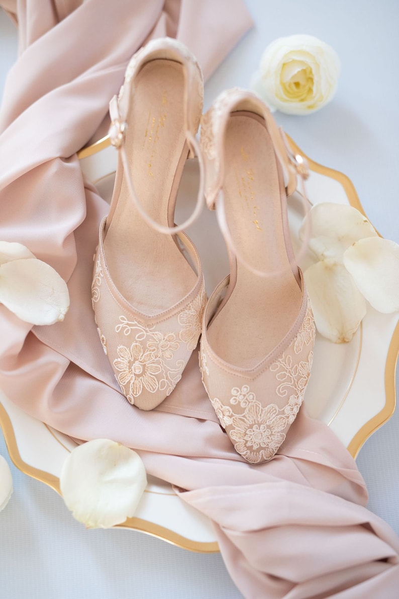 Lace shoes, Wedding shoes for bride, Bridesmaids shoes, Nude Floral Lace Shoes, Handmade Bridal Shoes, image 1