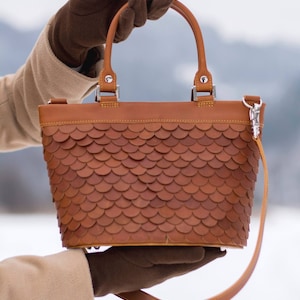Genuine leather fish scale bag, Camel bag, Handmade handbag,