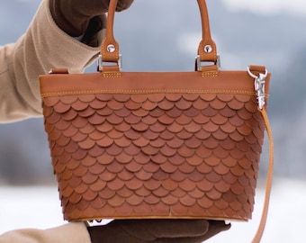 Bolso de escamas de pescado de cuero genuino, bolso de camello, bolso hecho a mano,