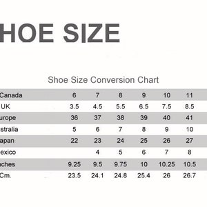 May include: Shoe size conversion chart showing equivalent sizes for US/Canada, UK, Europe, Australia, Japan, Mexico, inches, and centimetres.