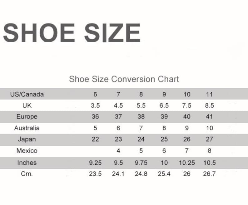 May include: Shoe size conversion chart showing equivalent sizes for US/Canada, UK, Europe, Australia, Japan, Mexico, inches, and centimetres.