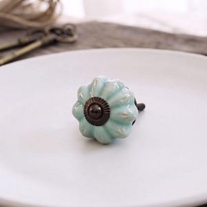 May include: A light blue ceramic drawer knob with a fluted, pumpkin-like shape and a dark bronze-colored metal center cap. The knob features a glossy finish with subtle white highlights along the ridges, providing a textured appearance.