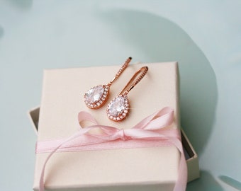 Rose Gold Wedding Jewelry Rose Gold Bridal Earrings  Teardrop cubic zirconia Earrings Rose Gold Bridesmaid Gift Earrings