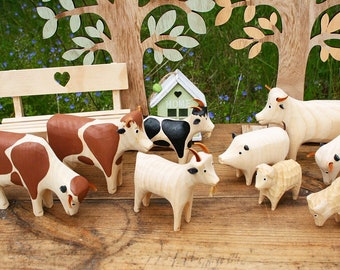 Ensemble (9 pièces) animaux de la ferme en bois, sculptés à la main, jouets en bois, jouets faits main, cadeau pour enfants, jouets écologiques, jouets Waldorf, Montessori