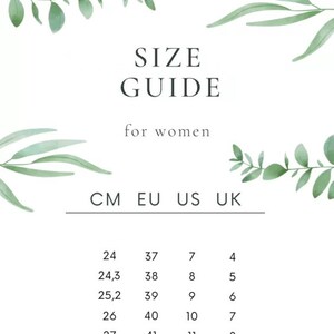 May include: Size guide for women's shoes with measurements in centimeters, European, US, and UK sizes.