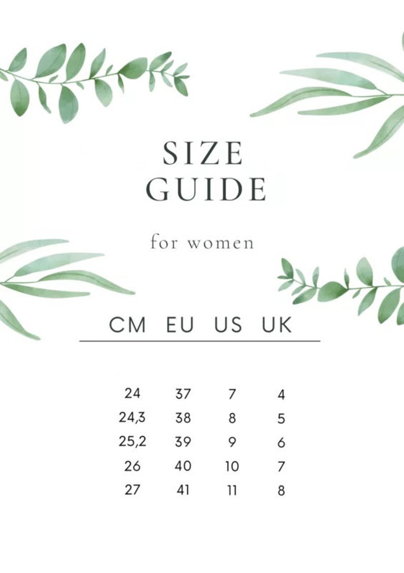 May include: Size guide for women's shoes with measurements in centimeters, European, US, and UK sizes.