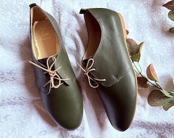 Echte leren Oxford damesschoenen, handgemaakte platte schoenen, comfortabele platte schoenen, platte leren schoenen, zacht leren Oxford