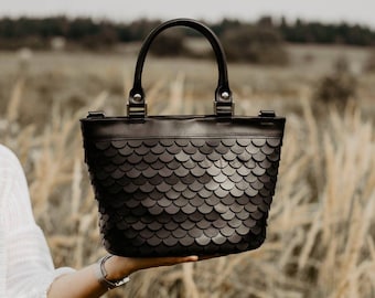 Genuine leather fish scale bag, Black bag, Handmade handbag,