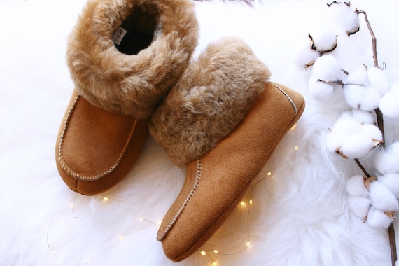 Sheepskin Slippers - Chestnut, Handmade slippers, Natural sheepskin slippers