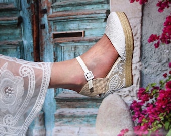 Espadrilles de mariée, chaussures de mariage compensées, bohème de mariage