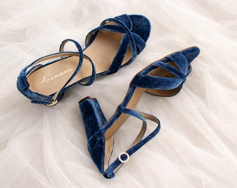 Bridal velvet shoes with crystal buckle, Velvet Bridal Heels