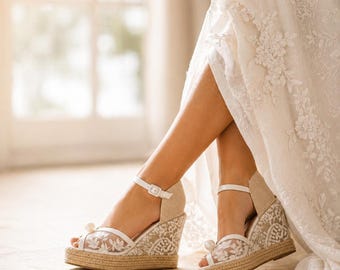 Wedding Wedge Shoes with Pearl - Height 10 cm, Wedding Espadrilles, Boho Wedding