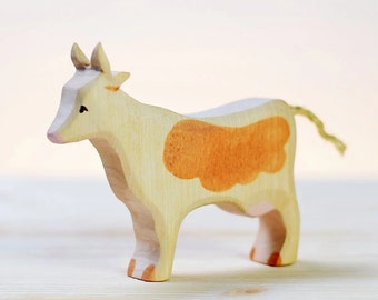 Wooden White and Brown Cow, Montessori toys, Waldorf toys