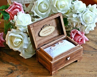 Wooden, rustic ring box for wedding with ornament