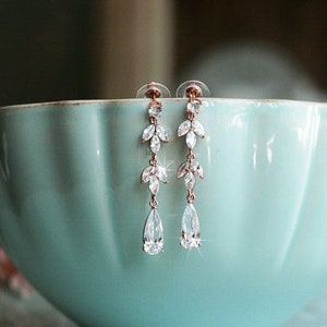 Rosegold Hochzeitsschmuck, Rosegold Braut Ohrringe, Zirkonia Ohrringe Rosegold, Brautjungfer Geschenk Ohrringe, Rosegold Ohrringe