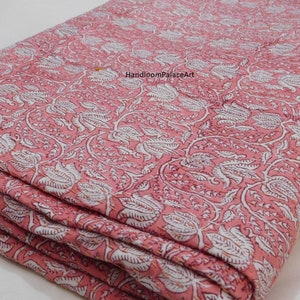 Handmade Pink Floral Kantha Quilt: Indian Cotton Bedspread