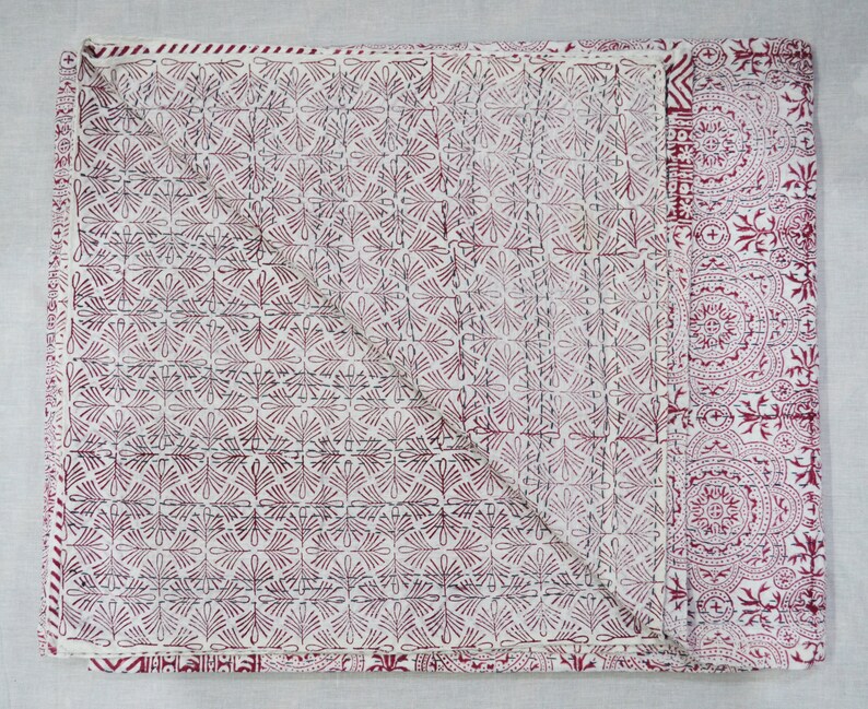 Indian Handmade Kantha Quilt Reversible Hand Block Printed Quilt Bedspread Throw Cotton Blanket
