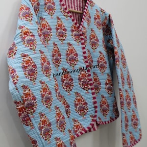 Indian hand block print fabric quilted jacket cotton women wear stripe print reversible coat
