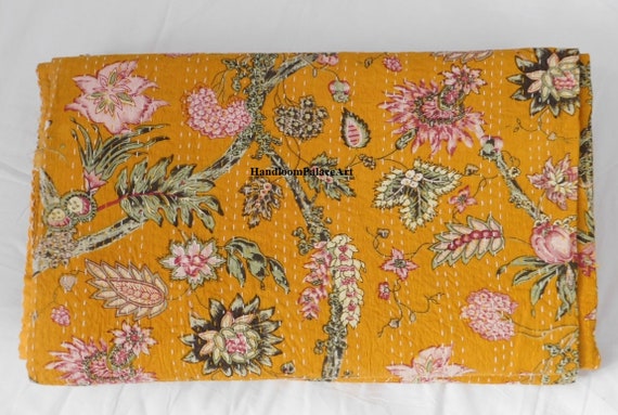 Handmade Indian Kantha Summer Throw  Floral Print Cotton Bedspread