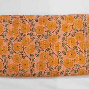 Indian Kantha Quilt, Kitty Orange Floral print bedspread, Indian bed cover, printed quilt, handmade throw, home decor quilted throw