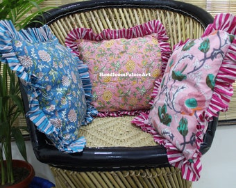 Floral Ruffled Square Cushion Cover: Bohemian Indian Cotton Pillow Sham