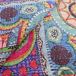 Handmade Indian Kantha Quilt: Floral Cotton Bed Cover - Queen/Twin