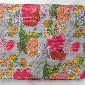 Indian Handmade Kantha Quilt Grey Tropical kantha bedspread Indian bed cover Queen Kantha Twin Kantha Gudari