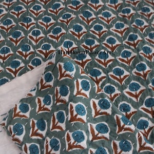 Hand Block Floral Kantha Quilt: Indian Cotton Throw Blanket