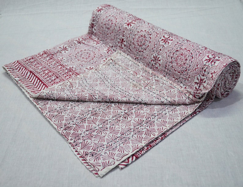 Indian Handmade Kantha Quilt Reversible Hand Block Printed Quilt Bedspread Throw Cotton Blanket