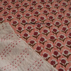 Pink Floral Kantha Quilt: Hand Block Printed Cotton Bedspread
