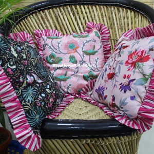 Floral Ruffle Cushion Cover: Bohemian Cotton Throw Pillow