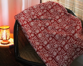 Floral Print Hand Stitched Kantha Quilt: Red Indian Bedspread Throw