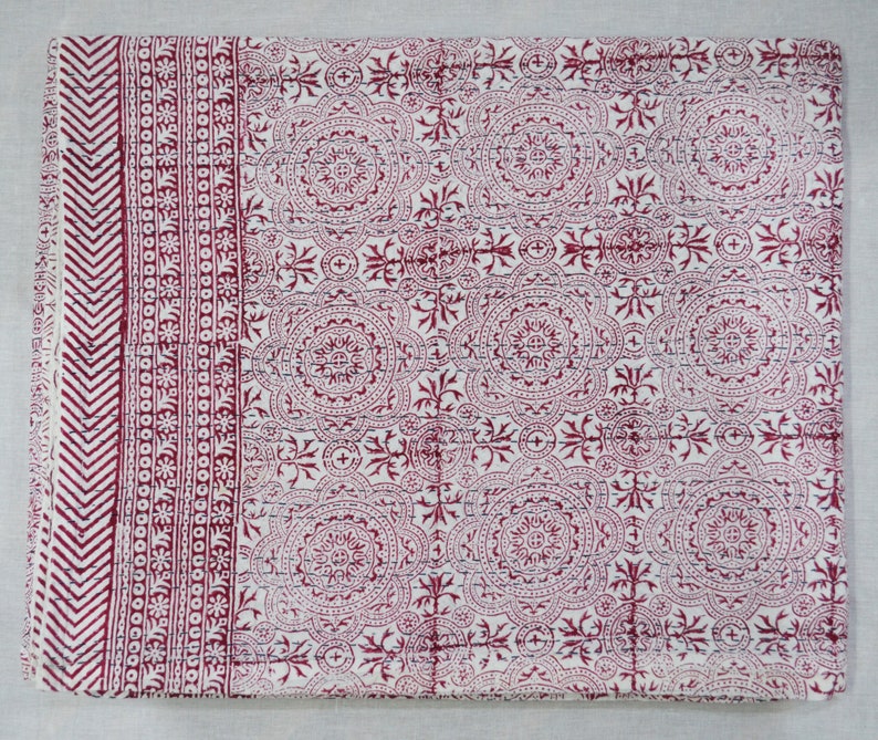 Indian Handmade Kantha Quilt Reversible Hand Block Printed Quilt Bedspread Throw Cotton Blanket