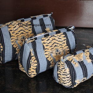 Handmade Quilted Tiger Toiletry Bags Women Wedding Makeup Pouch Bag Striped Cotton Cosmetic For Her