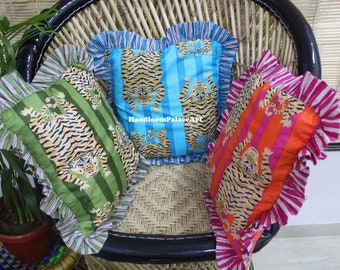 Indian Screen Print Tiger Pillow Cover: Bohemian Frill Cotton Cushion