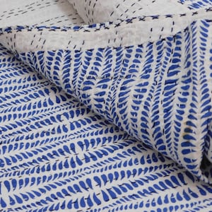 Blue Cotton Kantha Quilt Bedspread: Lightweight Twin/Queen Coverlet