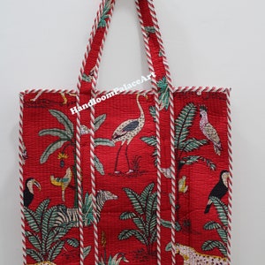 Red Jungle Print Quilted Cotton Tote Bag: Ethnic Shopper