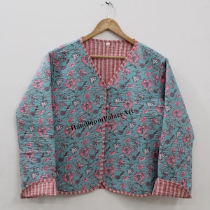 Indian hand block print fabric quilted jacket cotton women wear stripe print reversible coat
