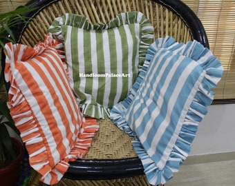 Striped Frill Pillow Cover: Bohemian Ruffled Cotton Cushion