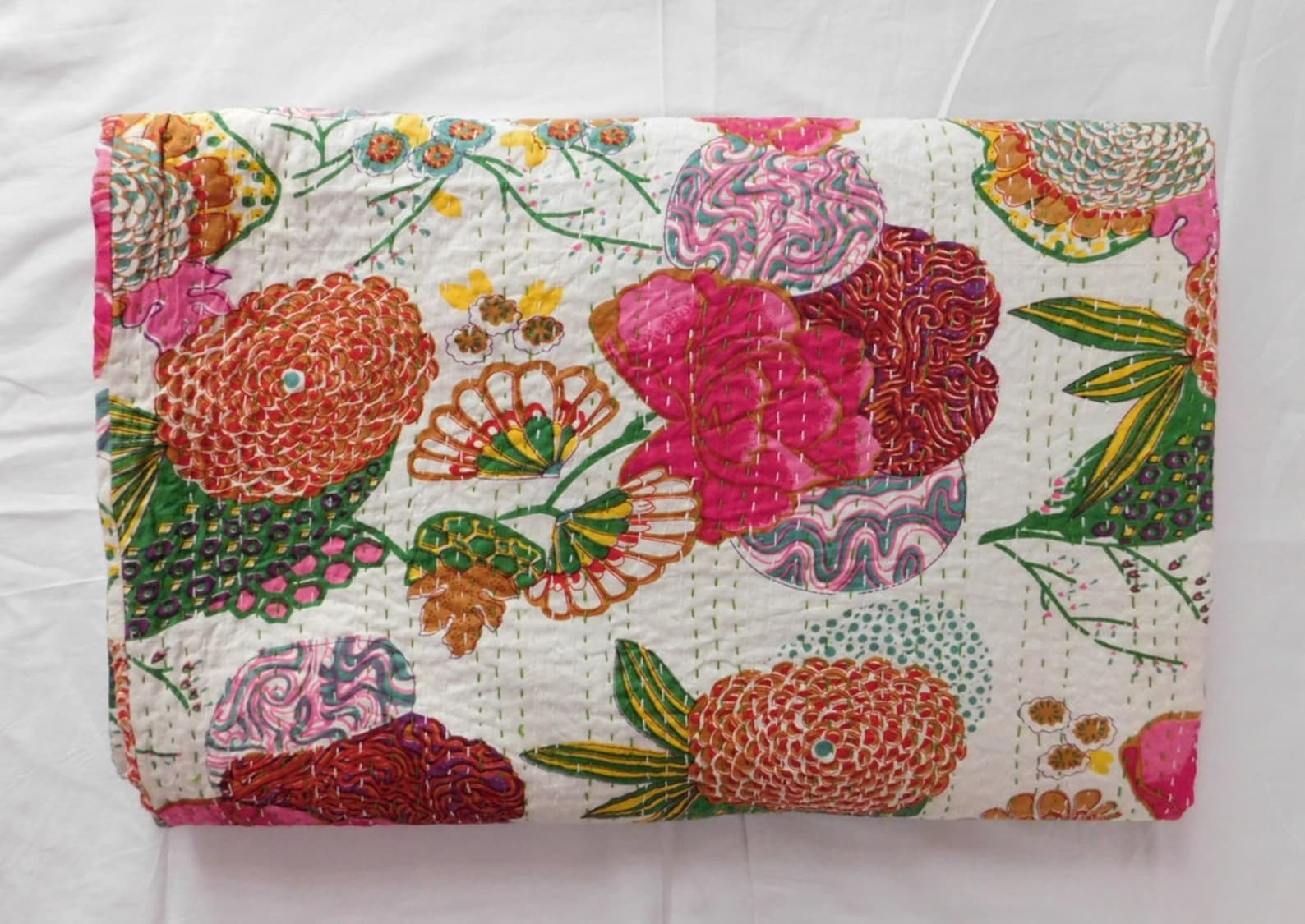 Indian Handmade Quilt Floral Print Cotton Kantha Bedspread Etsy