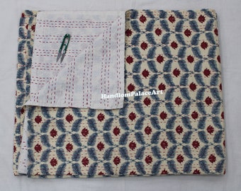 Floral Print Indian Kantha Quilt: Lightweight Cotton Bedspread